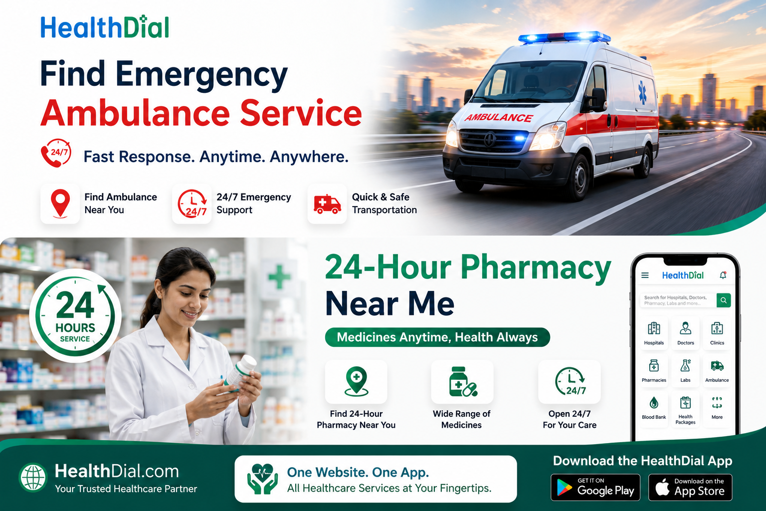 Find Emergency Ambulance Service and 24-Hour Pharmacy Near Me with HealthDial Website and App